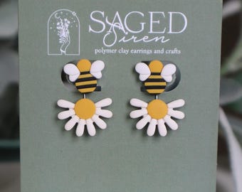 Bumblebee Stud with Daisy Ear Jacket | Handmade Polymer Clay Earrings | Bee Studs | Daisy Dangle Earrings | Ear Jacket | Spring Earrings
