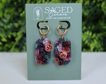 Dark Floral Tall Octagon Earrings | Polymer Clay Earrings | Floral Slab Earrings | Dark Floral Earrings | Floral Earrings