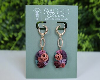 Dark Floral Oval Earrings | Polymer Clay Earrings | Floral Slab Earrings | Dark Floral Earrings | Floral Earrings