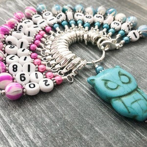 Numbered Stitch Markers with Blue Owl Holder: Knitting Crochet Tool