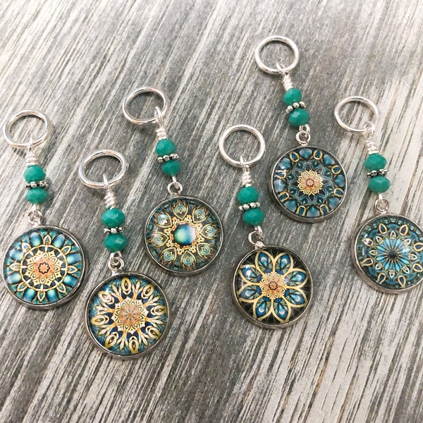 Boho Mandala Stitch Markers for Knitting, Select Clasps for Removable Crochet Markers, Bohemian Style Mandala, Gift for Knitter, Snag Free