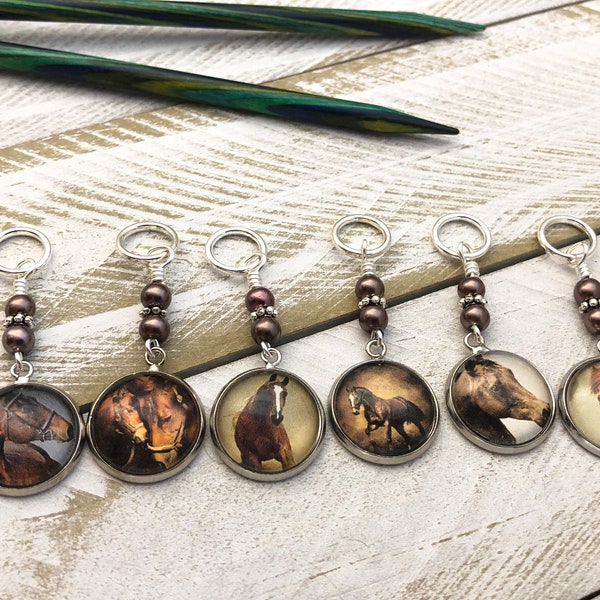 Rustic Horses Stitch Marker Set for Knitting or Select Clasps for Crochet, Gift for Knitter, Animal Stitch Marker with Snag Free Rings