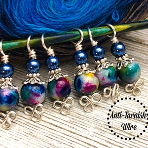 Celtic Knot Stitch Markers: Rainbow Jade Beads, Knitting Progress Keeper
