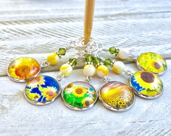 Sunflower Stitch Markers for Knitting, Select Clasps for Crochet Markers, Gifts for Knitter, Beaded Progress Keeper, Summer Flower