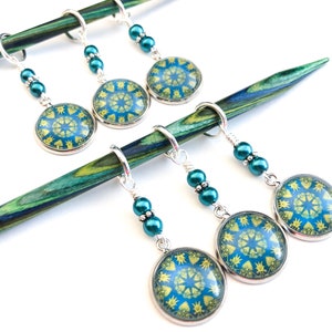 Teal Stitch Markers for Knitting with Mandala Charms, Select Clasps for Cute Crochet Markers, Gifts for Knitter, Beaded Progress Keeper,