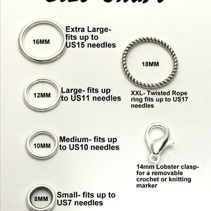 May include: Size chart for crochet or knitting rings in various sizes, from 8mm to 18mm. The chart shows the corresponding US needle size for each ring size. A 14mm lobster clasp is also shown for use as a removable marker.