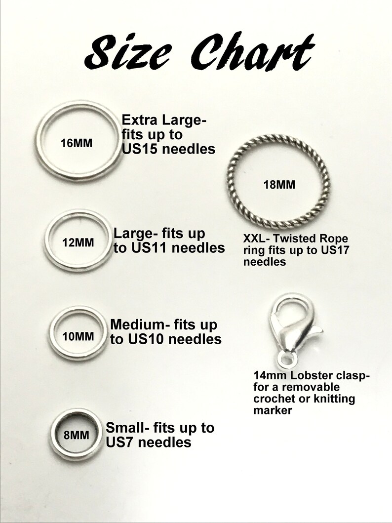 May include: Size chart for crochet or knitting rings in various sizes, from 8mm to 18mm. The chart shows the corresponding US needle size for each ring size. A 14mm lobster clasp is also shown for use as a removable marker.