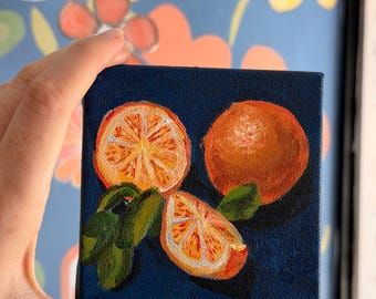 Orange Still Life Painting, Vibrant Citrus Wall Art, Deep Blue Background | Original Painting