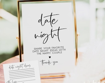 Date Night Card Template,Modern Date Night Ideas Card, Date Night Ideas Sign, Bridal Shower Newlywed Date Night Card Insert, Bridal Shower