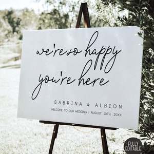 Estamos muy felices de que estés aquí, signo de bienvenida de boda imprimible minimalista, signo de boda moderno, cartel de bienvenida de boda, signo de bienvenida editable