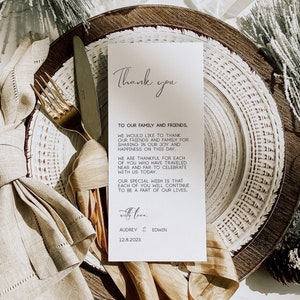 Carta de agradecimiento minimalista editable, plantilla de nota de agradecimiento de boda minimalista, lugar de boda moderno gracias, tarjeta de mesa editable