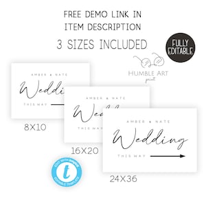 May include: Three printable wedding sign templates in white with black text. The signs say "Amber & Nate" and "Wedding" with an arrow pointing to the right. The signs are available in three sizes: 8x10 inches, 16x20 inches, and 24x36 inches.