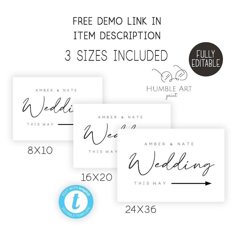 May include: Three printable wedding sign templates in white with black text. The signs say "Amber & Nate" and "Wedding" with an arrow pointing to the right. The signs are available in three sizes: 8x10 inches, 16x20 inches, and 24x36 inches.
