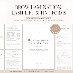May include: A collection of professional brow lamination, lash lift, and tint forms featuring over 20 editable pages. The documents include client intake, consultation, consent, aftercare, service menu, and allergy checklist templates in a clean, minimalist layout with black text on white backgrounds.
