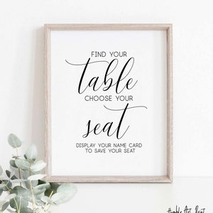 Trouvez votre signe de table, signe de cartes de place, prenez votre signe de carte de visite, veuillez trouver votre signe de siège, cartes de place mariage imprimable, douche nuptiale