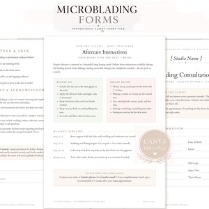 K&ouml;nnte beinhalten: Ein Set professioneller Microblading-Formulare mit einem klaren, minimalistischen Layout und schwarzem Text auf wei&szlig;em Papier. Die Dokumente enthalten ein Beratungsformular, Nachsorgeanweisungen mit Heilungsplan und Einverst&auml;ndniserkl&auml;rungen.