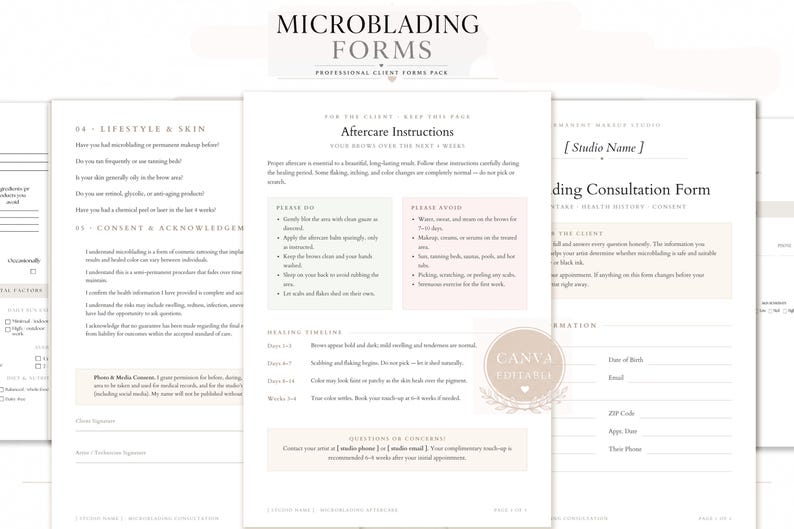 K&ouml;nnte beinhalten: Ein Set professioneller Microblading-Formulare mit einem klaren, minimalistischen Layout und schwarzem Text auf wei&szlig;em Papier. Die Dokumente enthalten ein Beratungsformular, Nachsorgeanweisungen mit Heilungsplan und Einverst&auml;ndniserkl&auml;rungen.