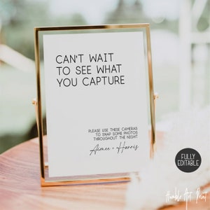Signo de plantilla de cámara desechable de boda, No puedo esperar a ver lo que capturas, Signo de libro de visitas de fotos editable, Libro de visitas de boda personalizado