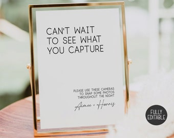 Wedding Disposable Camera Template Sign, Can't wait to see what you capture, Editable Photo Guestbook Sign, Personalized Wedding Guest Book