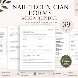 Puede incluir: Un paquete de 39 formularios para técnicos de uñas con texto negro sobre papel blanco. Incluye cuestionario médico, formulario de admisión de clientes, instrucciones de cuidado y lista de precios. Totalmente editable en Canva.