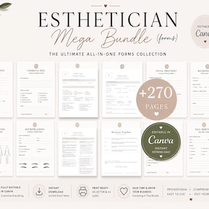 Può includere: Una raccolta digitale di moduli per estetiste intitolata Esthetician Mega Bundle, contenente 270 pagine di modelli modificabili per servizi come extension ciglia, peeling e microblading, stampabili nei formati A4 e US letter.