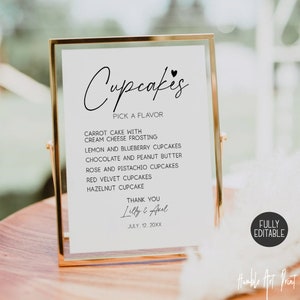 Cupcakes-Aromen-Schild, Kuchentisch-Schild, bearbeitbares Hochzeits-Cupcake-Schild, Cupcake-Menü-Schild, DIY rustikales Hochzeitsschild, einfache Empfangsvorlage