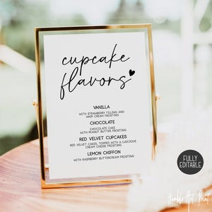 Modèle modifiable de signe de Cupcake de mariage, signe de Menu de saveurs de Cupcake, signe de Dessert de Cupcake signe de barre de Dessert, saveurs de Cupcake imprimables