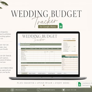 May include: A digital wedding budget tracker for Google Sheets displayed on a laptop screen. The interface features a master budget table with categories for ceremony and reception, alongside a total budget summary, all in a neutral color palette.