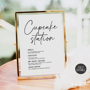 Minimalistisches Cupcake Bar Menü Zeichen, Bar Menü, bearbeitbare Geschmacksrichtungen Zeichen, Cupcake Station Menü Zeichen, druckbares Dessert Zeichen, Dessert Menü druckbar