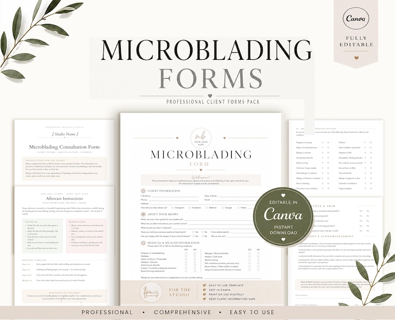 K&ouml;nnte beinhalten: Ein Set aus bearbeitbaren Microblading-Formularen, bestehend aus einem Beratungsformular, Nachsorgeanweisungen und Kundeninformationsbl&auml;ttern. Die Dokumente zeigen schwarzen Text auf wei&szlig;em Hintergrund mit beigen Akzenten.