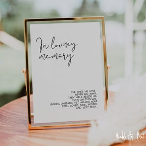 May include: A framed print with the text "In loving memory" and a poem about remembering loved ones. The poem reads: "The ones we love never go away, they walk beside us, even on this day. Unseen, unheard, yet always near, still loved, still missed and very dear."