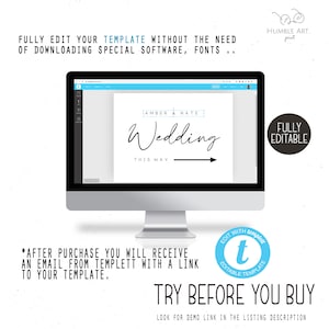 May include: Editable wedding sign template with the text "Amber & Nate Wedding This Way" and an arrow pointing to the right. The sign is displayed on a computer screen. The text "Fully Editable" is in a blue box in the upper right corner of the image. The text "Edit with Templett Editable Template" is in a blue circle with a white letter "t" in the lower right corner of the image.
