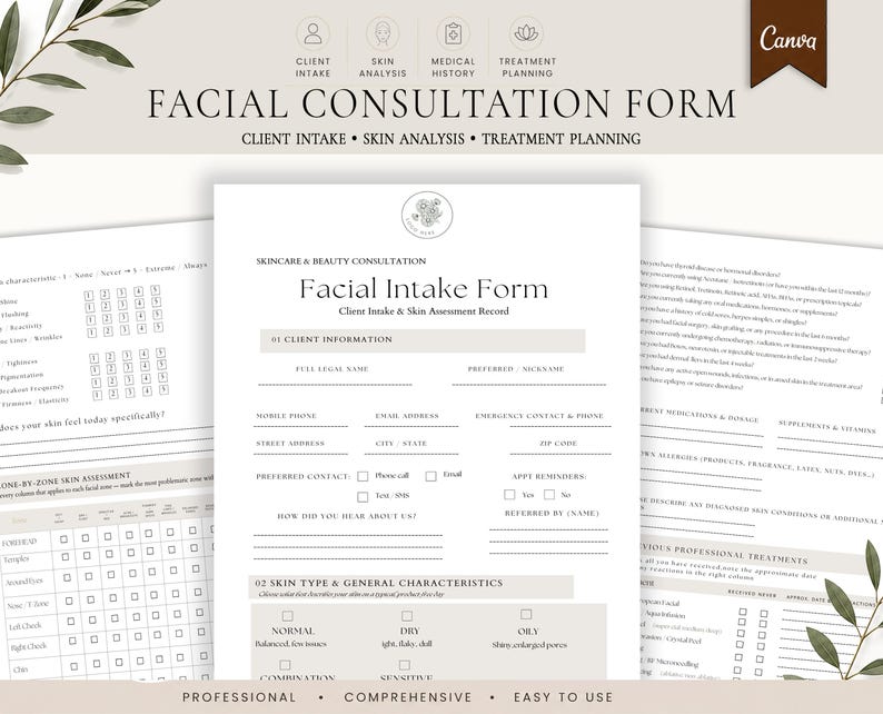 Editable Facial Consultation Form Template, Esthetician Client Intake ...
