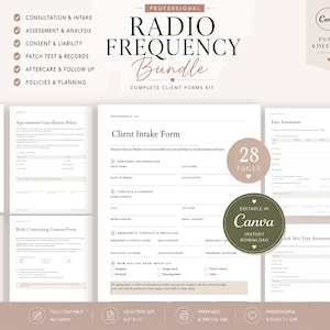 Puede incluir: Un paquete profesional de radiofrecuencia que incluye un kit completo de 28 páginas de formularios para clientes. Los documentos incluyen un formulario de admisión, evaluación facial y formularios de consentimiento, editables en Canva.