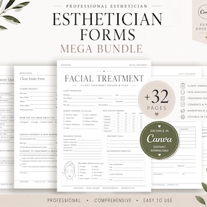 Pode incluir: Um pacote profissional de formulários para esteticistas com 32 páginas de documentos editáveis, incluindo histórico médico, formulários de admissão de clientes e registros de tratamentos faciais. Os modelos em preto e branco contêm campos de texto.