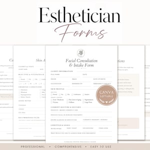 Paquete de formularios editables para esteticistas, plantillas para consultas y entrevistas sobre el cuidado de la piel, formularios de consentimiento para tratamientos faciales y de cuidados posteriores.