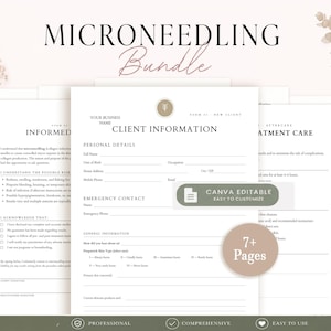 Peut inclure: Un ensemble de documents pour microneedling comprenant plus de 7 pages de formulaires clients modifiables, incluant des informations client, un consentement éclairé et des instructions de soins. Mise en page professionnelle.