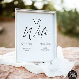 May include: A white sign with a black WiFi symbol and the word "Wifi" in a cursive font. The sign also includes the words "Network" and "Password" with placeholders for the network name and password.