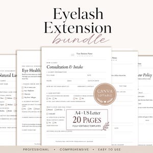 Puede incluir: Un paquete de 20 plantillas editables para extensiones de pestañas con texto negro sobre papel blanco. Los documentos incluyen formularios de consulta, admisión, salud ocular y políticas. Un sello circular indica que son editables en Canva.
