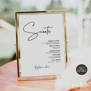 Dessert Menu Sign, Elegant Dessert Bar Sign Template, Minimalist Dessert Sign, Sweets Menu, Editable Template Wedding Dessert Menu Station