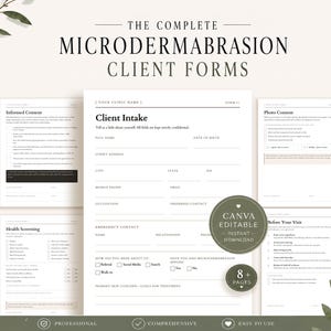 Formulaires de microdermabrasion, modèles modifiables de consentement et de consultation de l'esthéticienne, dossier de traitement de microdermabrasion, formulaires client esthéticienne, Canva
