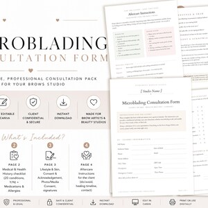 K&ouml;nnte beinhalten: Ein Set aus digitalen Microblading-Beratungsformularen mit der &Uuml;berschrift Microblading Consultation Form, das Abschnitte f&uuml;r Kundeninformationen, medizinische Vorgeschichte, Lebensstil, Hautdetails und Nachsorgeanweisungen enth&auml;lt.