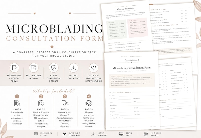 K&ouml;nnte beinhalten: Ein Set aus digitalen Microblading-Beratungsformularen mit der &Uuml;berschrift Microblading Consultation Form, das Abschnitte f&uuml;r Kundeninformationen, medizinische Vorgeschichte, Lebensstil, Hautdetails und Nachsorgeanweisungen enth&auml;lt.