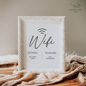 May include: White framed sign with a black wifi symbol and the word "Wifi" in cursive. The sign also includes the words "Network" and "Password" with placeholders for the network name and password.