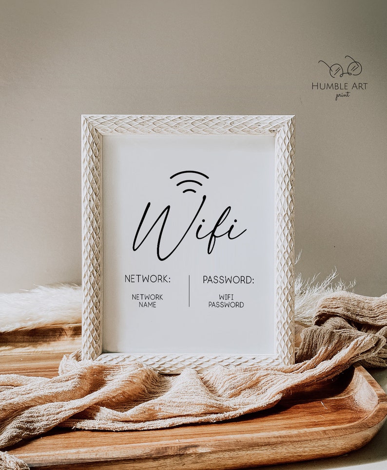 May include: White framed sign with a black wifi symbol and the word "Wifi" in cursive. The sign also includes the words "Network" and "Password" with placeholders for the network name and password.