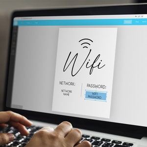 May include: A laptop screen displaying a wifi network login page with the text "Wifi" in a cursive font. The page asks for the network name and password. The password field is filled with the text "WIFI PASSWORD".