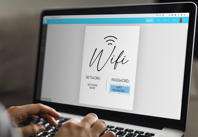 May include: A laptop screen displaying a wifi network login page with the text "Wifi" in a cursive font. The page asks for the network name and password. The password field is filled with the text "WIFI PASSWORD".