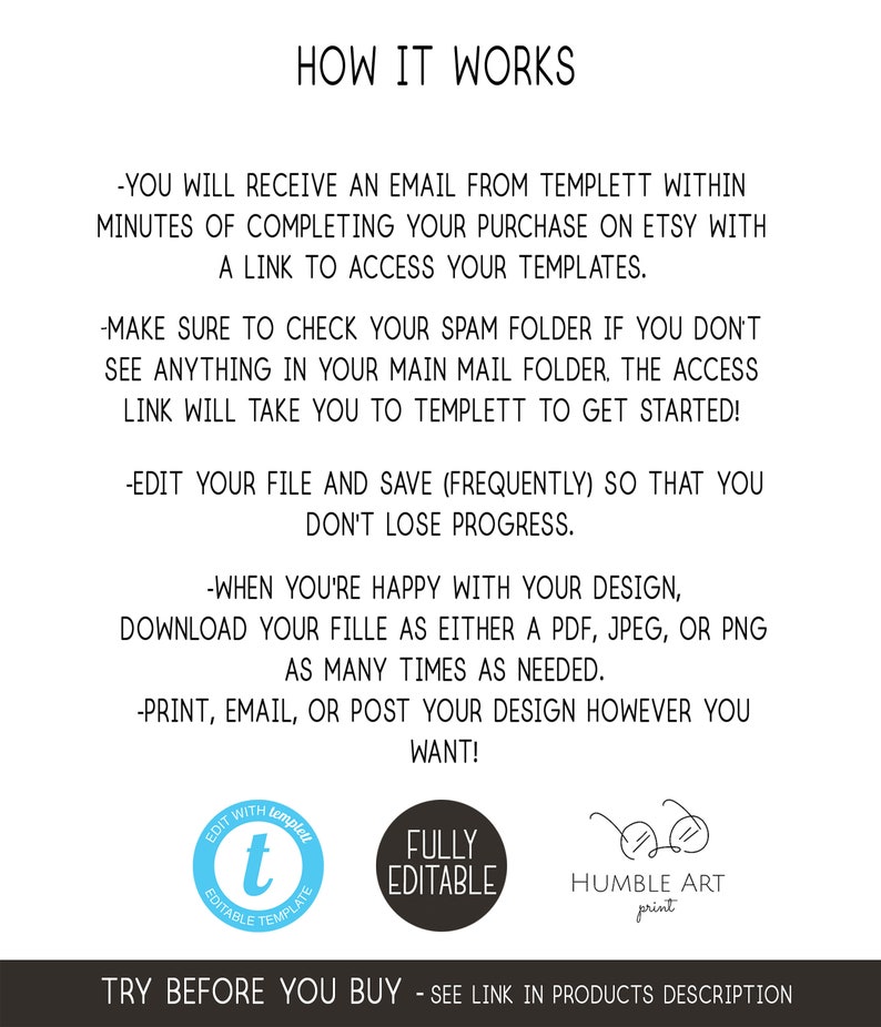 May include: A black and white text graphic with the words "HOW IT WORKS" in large letters at the top. The text below explains how to use a digital template. The text includes the words "Templett", "Etsy", "PDF", "JPEG", and "PNG".