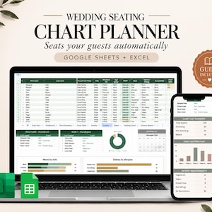 May include: A digital wedding seating chart planner displayed on a laptop and smartphone screen, featuring Google Sheets and Excel compatibility, guest list tables, meal tracking, dietary allergy reports, and a summary guide icon.