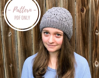 PATTERN PDF: Knitting Pattern Digital Download New Leaf Beanie, Adult Woman Headwear Lace, Fern Diamond Stitch Instructions